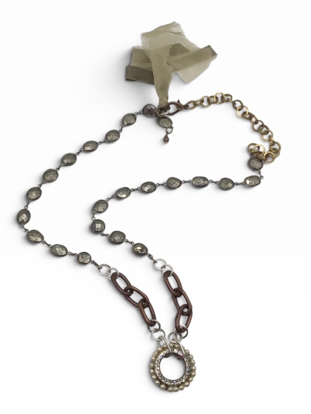 Handmade Gemstone Bead Necklace 26" Long Boho Mixed Metal Rhinestone Pendant